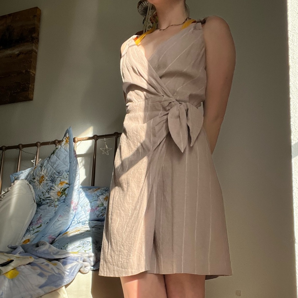 Tan & Creme Striped Wrap Dress